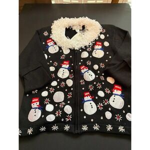 Lisa International Black Snowman Christmas‎ Sweater Jacket Full Zip Size M